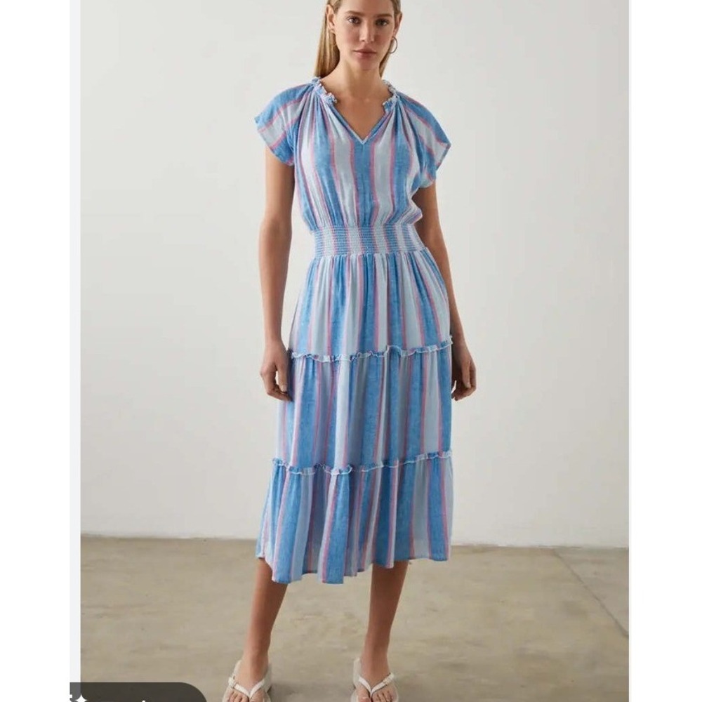 Rails Amellia Kona Stripe Blue Pink Linen Blend Smocked Tiered Midi Dress